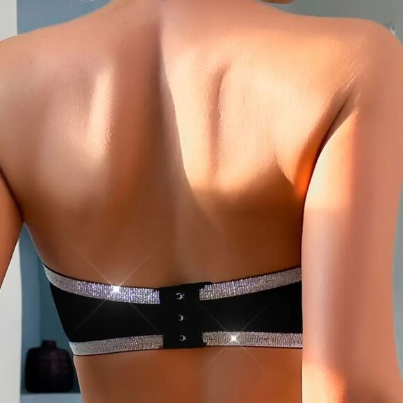 Black Strapless Bandeau Bralette Top with Silver Trim #1 - Picture 3 of 6